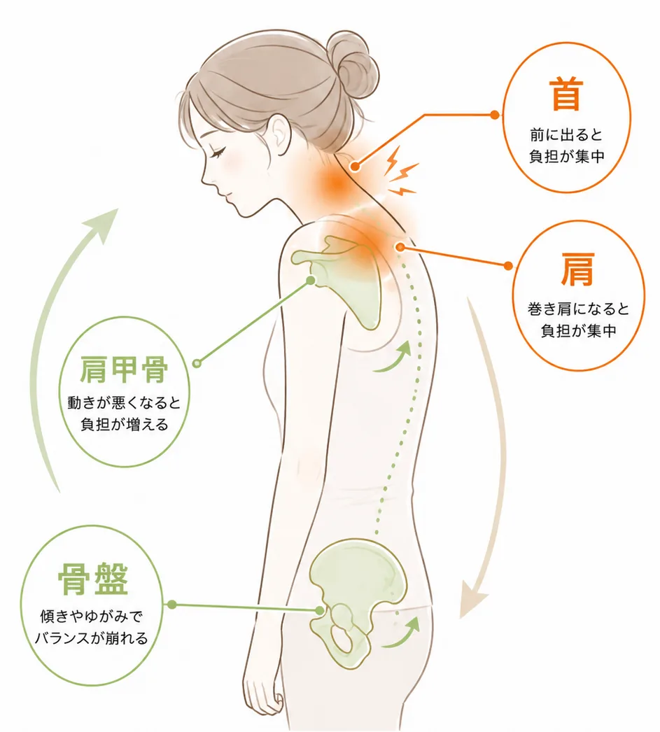 姿勢や身体のバランスが崩れると、肩や首に負担が集中しやすくなります。首・肩・肩甲骨・骨盤の負担ポイント
